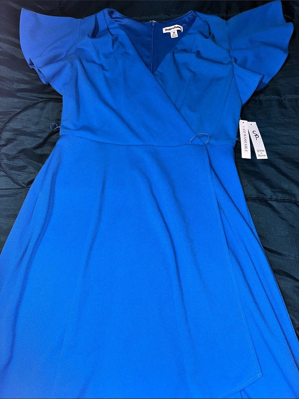 Shelby & Palmer Blue Ruffle Sleeve Wrap Dress Size 10 NWT *missing belt